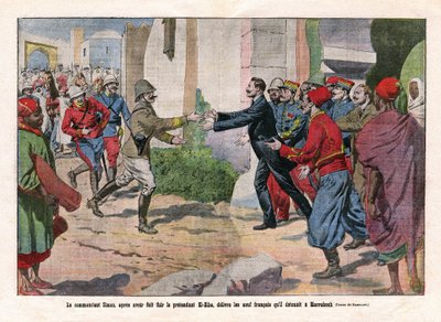 Événements du Maroc, prise de Marrakech par les troupes de Hubert Lyautey (1854-1934) et Charles Mangin (1866-1925). Le commandant Simon, après avoir fui le prétendant El-Hiba (Ahmed al-Hiba), a libéré les neuf - Eugene Damblans