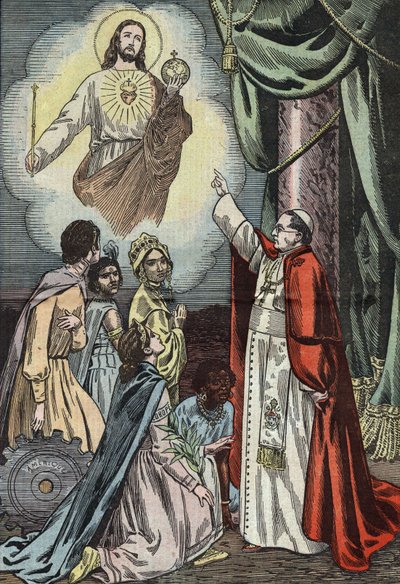 Le pape Pie IX instituant la célébration du règne social de Jésus-Christ, dessin de Damblans du journal français "Le Pèlerin" du 3 janvier - Eugene Damblans