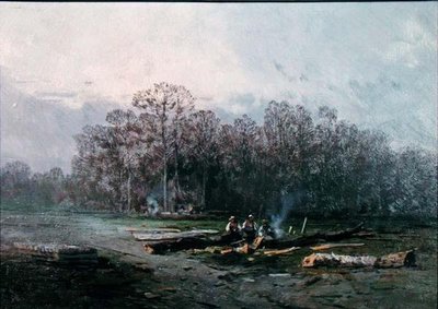 Paysage brumeux avec bûcherons - Eugene Deshayes