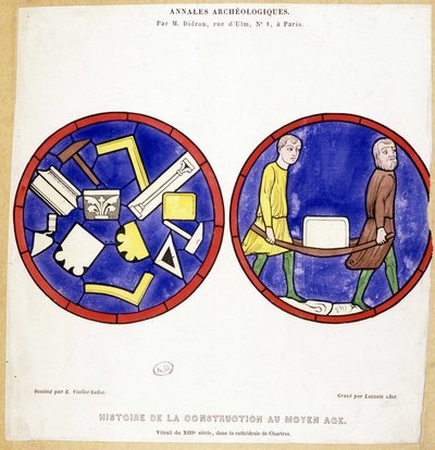 Histoire de la construction au Moyen Âge : Fac-similé de vitraux du XIIIe siècle, dans la cathédrale de Chartres - Dessiné par Eugène Viollet-le-Duc (Viollet le Duc) (1814-1879) et comportant plusieurs symboles maçonniques - Eugene Emmanuel (after) Viollet le Duc