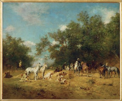 Cavaliers arabes en halte dans un bois (peinture sur toile) - Eugene Fromentin