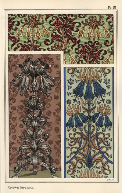 Fleur impériale, Fritillaria imperialis, dans les motifs de papier peint et de tissu, et comme design pour un objet d