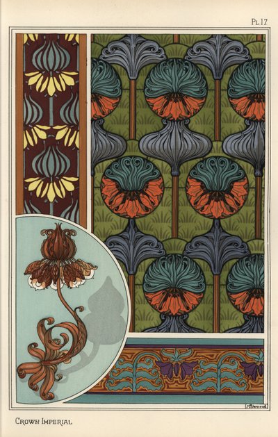 Fleur impériale, Fritillaria imperialis, dans des motifs de papier peint et de tissu, et comme design pour une lampe en fer forgé - Eugene Grasset
