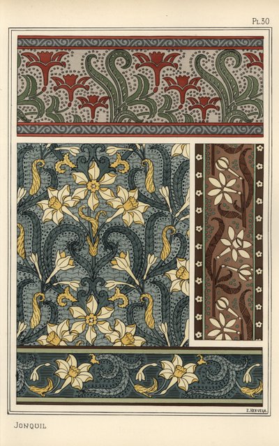 Jonquille, Narcissus jonquilla, comme motif de design en papier peint et motifs de tissu - Eugene Grasset