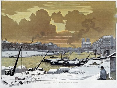 Le pont de Sully, à Paris couvert de neige, un soir de janvier 1886 - par Grasset - Eugene Grasset
