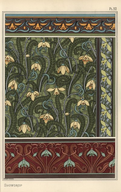 Perce-neige, Galanthus nivalis, comme motif de design dans des motifs de papier peint, bordures et tissus - Eugene Grasset