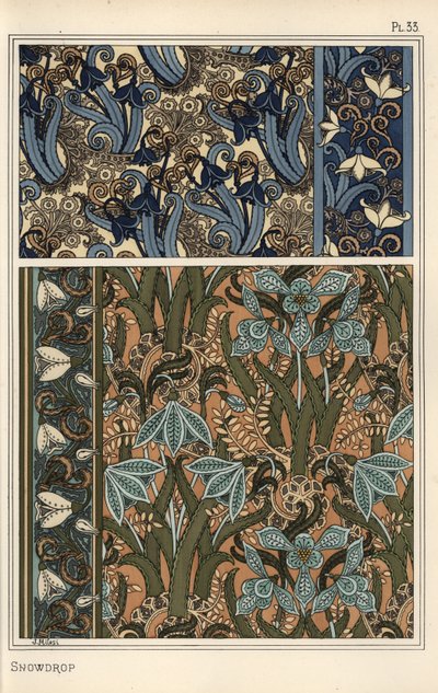 Perce-neige, Galanthus nivalis, comme motif de design dans des motifs de papier peint, bordures et tissus - Eugene Grasset