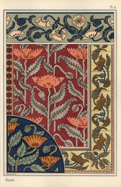 Le pavot, Papaver somniferum, en vitrail, papier peint, motifs de tissu et de carreaux. Lithographie de Marc Mangin - Eugene Grasset