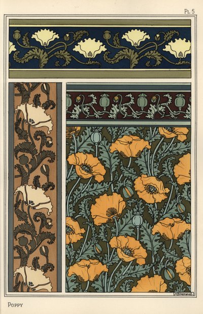 Le pavot, Papaver somniferum, dans des motifs de papier peint et de tissu - Eugene Grasset