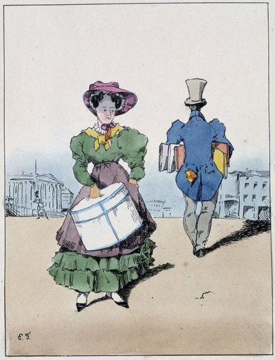 Une femme et un homme portant des paquets, traversant la rue Vivienne - dans "Souvenirs d
