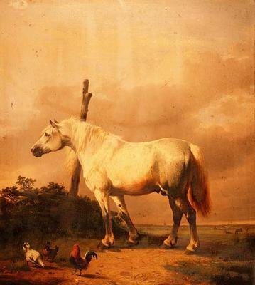 Un cheval de trait avec des volailles dans un paysage étendu - Eugene Joseph Verboeckhoven