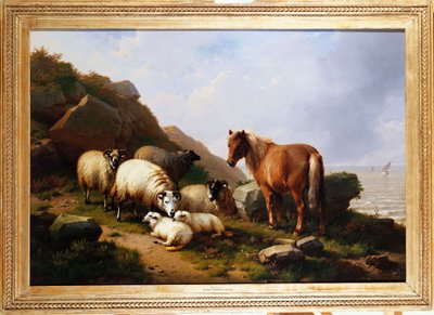 Un poney et des moutons sur une falaise avec un navire à voile au-delà, 1868 - Eugene Joseph Verboeckhoven