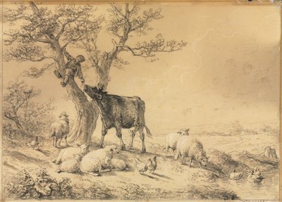 Paysage avec animaux et garçon dans l