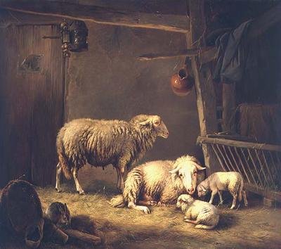 Moutons dans une grange - Eugene Joseph Verboeckhoven