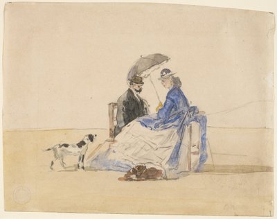 Un couple assis sur la plage avec deux chiens - Eugene Louis Boudin