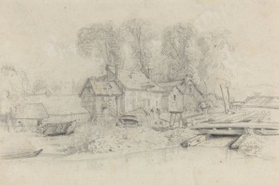Paysage fluvial avec bâtiments, bateaux et personnages, vers 1858 - Eugene Louis Boudin