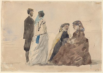 Deux dames assises et un couple marchant sur la plage, vers 1866 - Eugene Louis Boudin