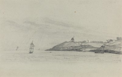 Paysage côtier avec navigation ; moulin à vent au loin - Eugène Boudin