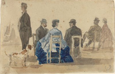 Dames et messieurs assis sur la plage avec un chien - Eugène Boudin