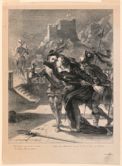 Illustration pour Hamlet : Hamlet essaie de suivre le fantôme de son père (I,4) - Eugène Delacroix