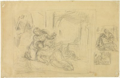 Femme mourante (?), Homme dans la chambre, Deux croquis du même - Eugène Delacroix
