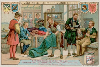 Un tisserand, tailleur, chapelier et fabricant de tresses passent leurs commandes à un teinturier - European School