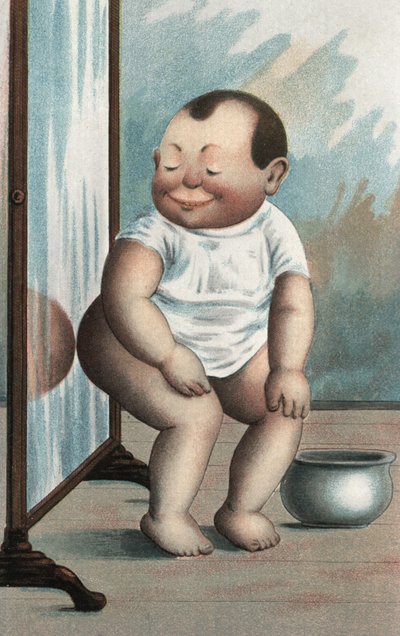 Bébé avec un miroir (lithographie couleur) - European School