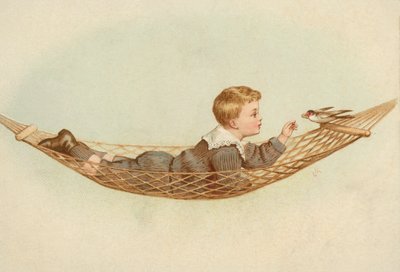 Garçon allongé dans un hamac nourrissant un oiseau - European School