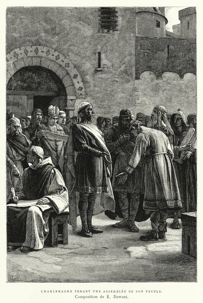Charlemagne tenant une assemblée de son peuple (gravure) - European School