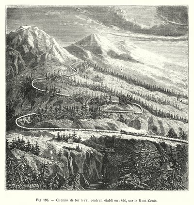 Chemin de fer à rail central, établi en 1866, sur le Mont-Cenis (gravure) - European School
