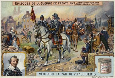 Le comte Gottfried de Pappenheim entrant dans la ville en flammes de Magdebourg, Allemagne, 1631 - European School