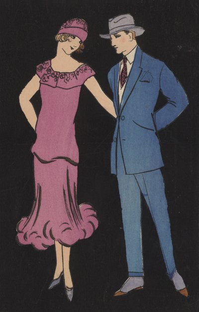 Couple en robe de soirée (lithographie couleur) - European School
