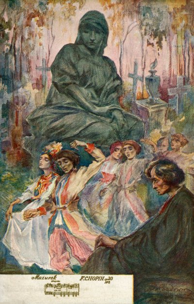 Danser sur une mazurka composée par Frédéric Chopin (lithographie couleur) - European School