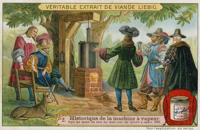 Denis Papin effectuant des essais de son moteur à piston à vapeur devant ses amis, Marburg, Allemagne, 1690 - European School
