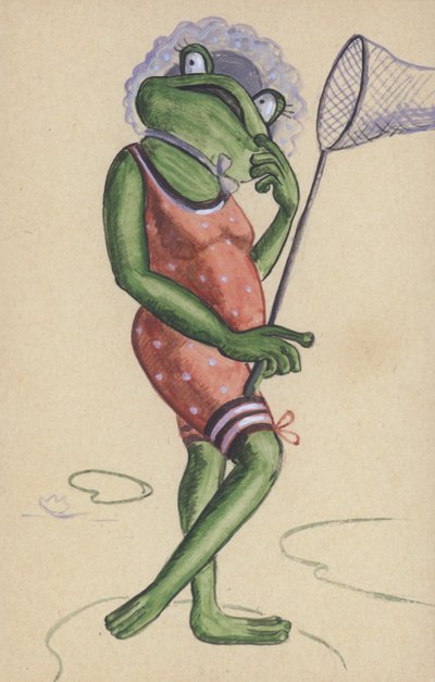 Grenouille portant un maillot de bain et tenant un filet de pêche (lithographie couleur) - European School