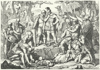 Germanicus enterrant les os des soldats des trois légions romaines commandées par Publius Quinctilius Varus détruites par les Germains à la bataille de la forêt de Teutoburg en 9 av. J.-C. - European School