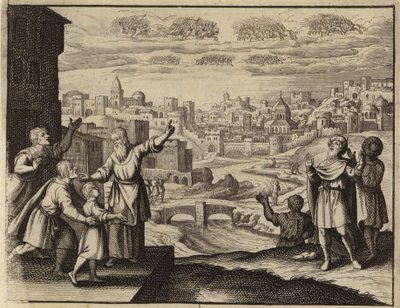 Cavalerie dorée dans les airs au-dessus de Jérusalem (gravure) - European School