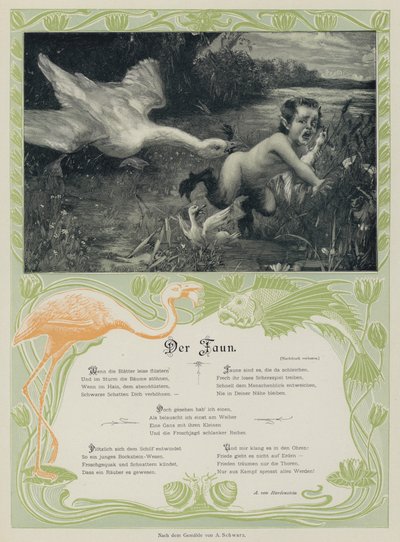 Oie chassant un faune (gravure en couleur) - European School