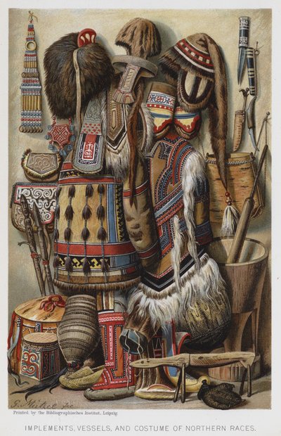 Outils, récipients et costumes des races du Nord (chromolithographie) - European School