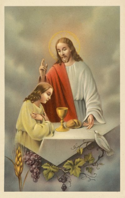 Jésus-Christ bénissant une jeune fille communiant (lithographie couleur) - European School