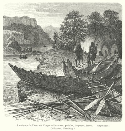 Paysage en Terre de Feu, avec canoës, pagaies, harpons, lances - European School