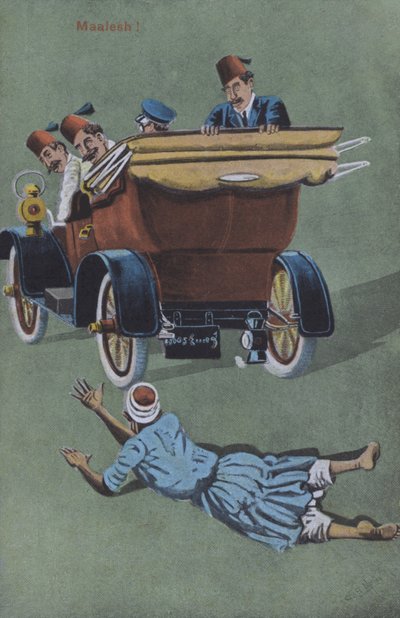 Homme renversé par une voiture avec chauffeur (lithographie en couleur) - European School