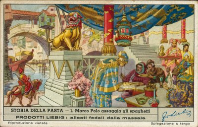 Marco Polo dégustant des spaghettis en Chine (chromolitho) - European School