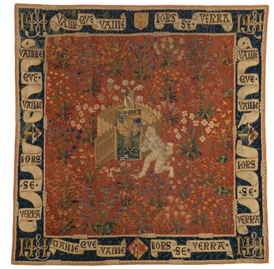 Tapisserie Mille fleurs représentant verdure, écu d
