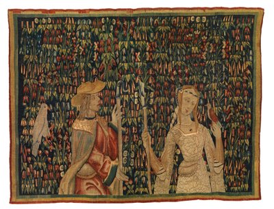 Fragment de tapisserie mille fleurs représentant un berger et une bergère ou une dame et un jeune homme - European School