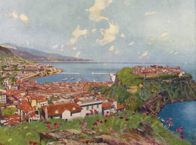 Monaco, Le Rocher et Vue Generale (colour litho) - European School