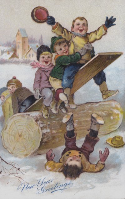 Carte de vœux du Nouvel An représentant des enfants jouant dans la neige (chromolitho) - European School
