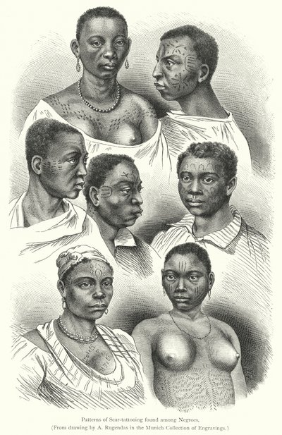 Motifs de tatouage cicatriciel trouvés chez les Nègres (gravure) - European School