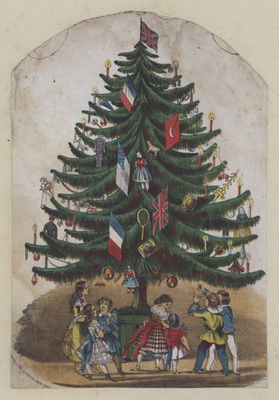 Personnes sous un arbre de Noël, carte de vœux - European School