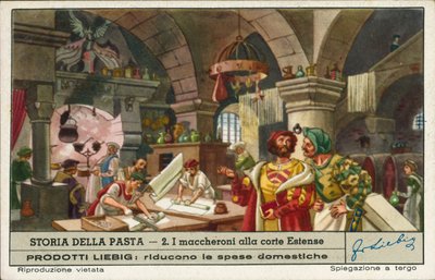 Préparation des macaronis dans les cuisines de la cour des Este, Italie (chromolitho) - European School